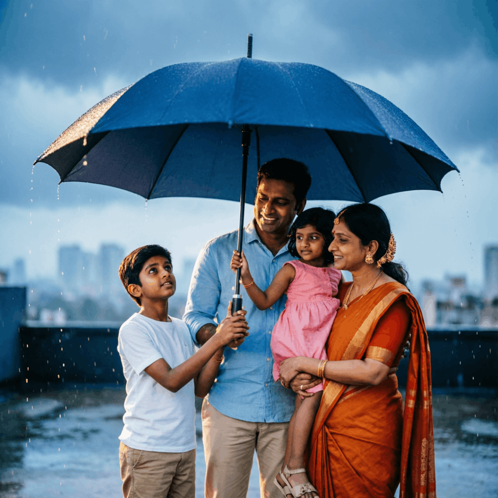 Large open umbrella protecting happy Indian family from light rain symbolizing best term insurance advisor protection services in Kankroli Rajsamand